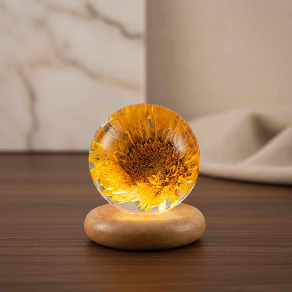 Kristallkugel Nachtlicht 8 cm Sonnenblume Glaskugel Nachtlampe Holzsockel