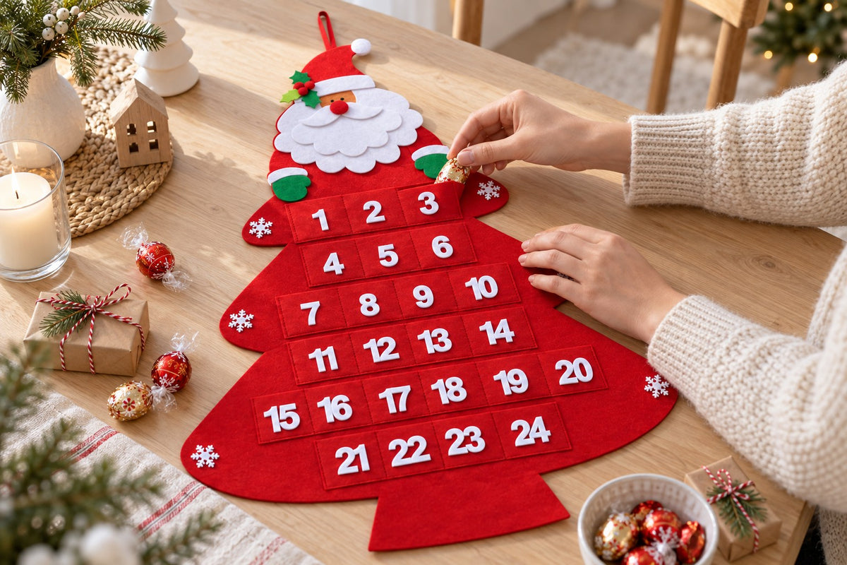 Hände stecken eine kleine Schokolade in eine Tasche des Filz-Adventskalenders auf dem Holztisch