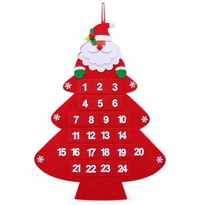 Adventskalender aus Filz: roter Tannenbaum mit Weihnachtsmann-Kopf und 24 Taschen mit weissen Zahlen