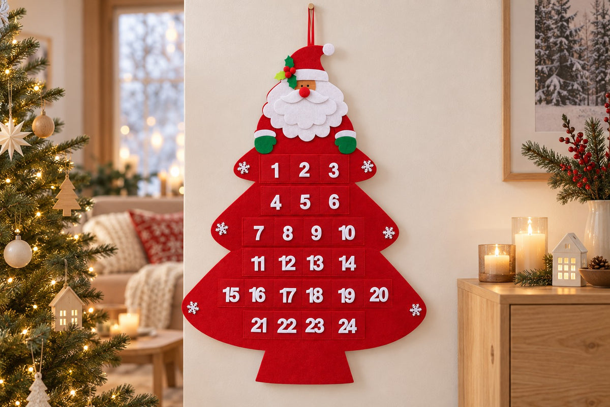 Roter Filz-Adventskalender in Tannenbaumform an der Wand im weihnachtlich dekorierten Wohnzimmer