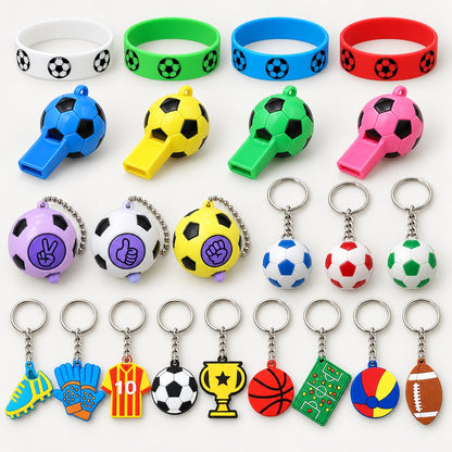 Inhalt: 4 Fussball-Armbänder, 4 Pfeifen, Quetschbälle und Fussball-Schlüsselanhänger