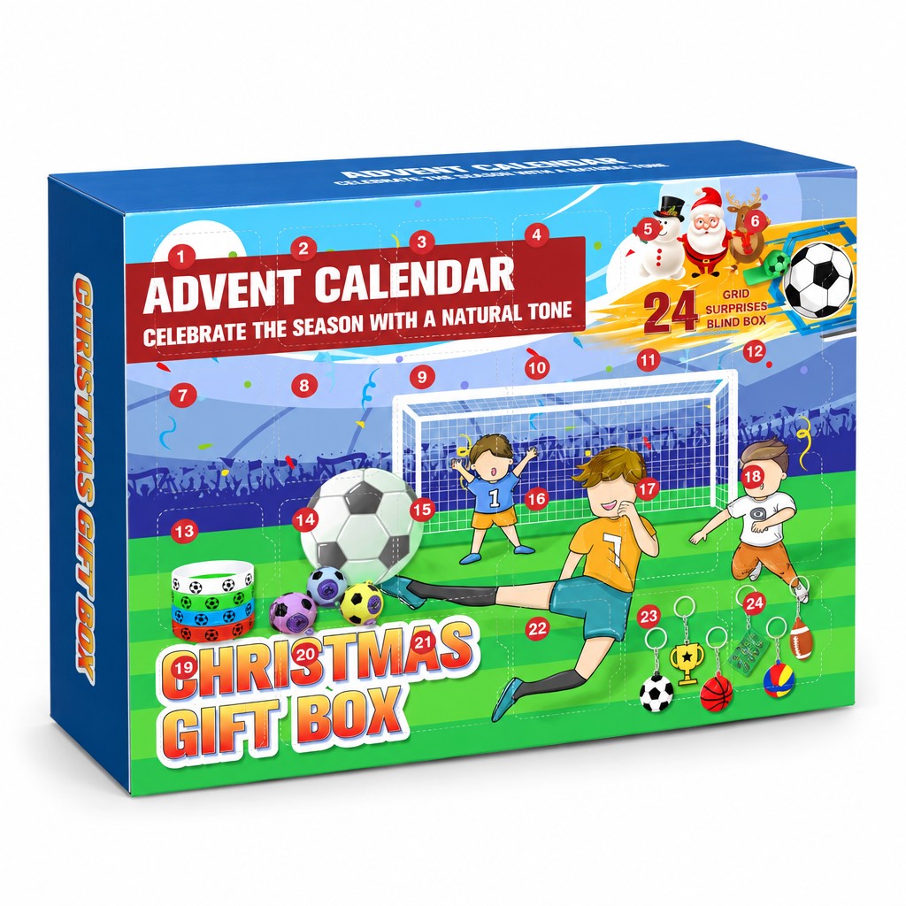 Fussball Adventskalender für Kinder, grün-blaue Box mit Fussballtor, spielenden Kindern und 24 Türchen