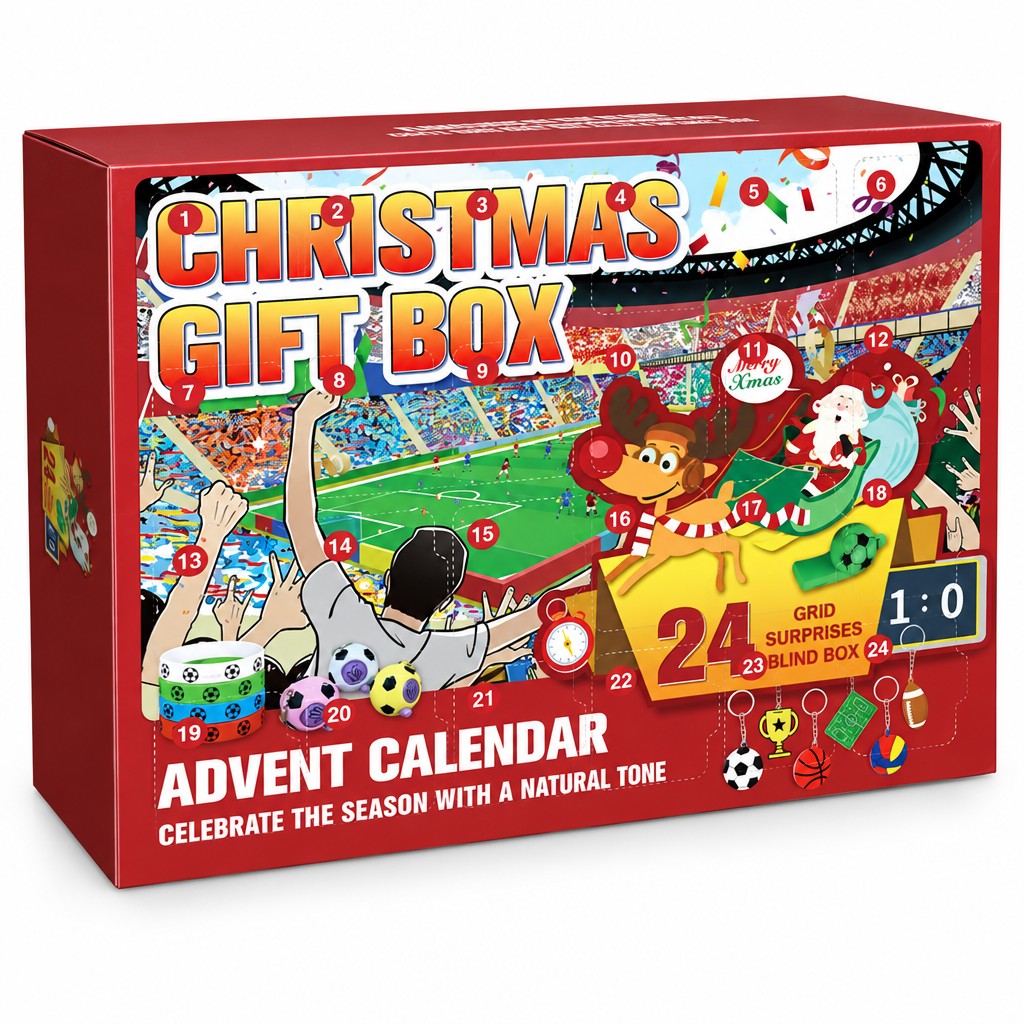 Adventskalender für Fussballfans: rote Box mit Stadion, Weihnachtsmann und 24 Türchen