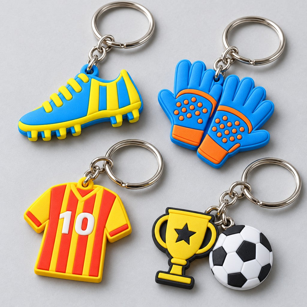 Nahaufnahme: Fussball-Schlüsselanhänger Schuh, Torwarthandschuhe, Trikot Nummer 10, Pokal und Ball