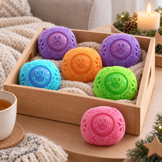 Fuzz Ball Squishy Anti-Stress-Bälle in einer Holzkiste