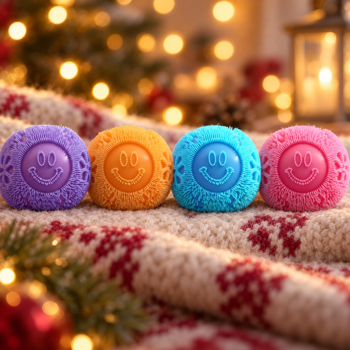 Nahaufnahme Fuzz Ball Squishies auf einer Strickdecke