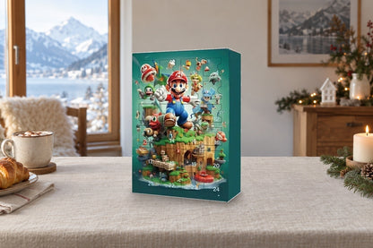 Gaming-Adventskalender für Mario-Fans auf dem Frühstückstisch mit Kakao und Gipfeli