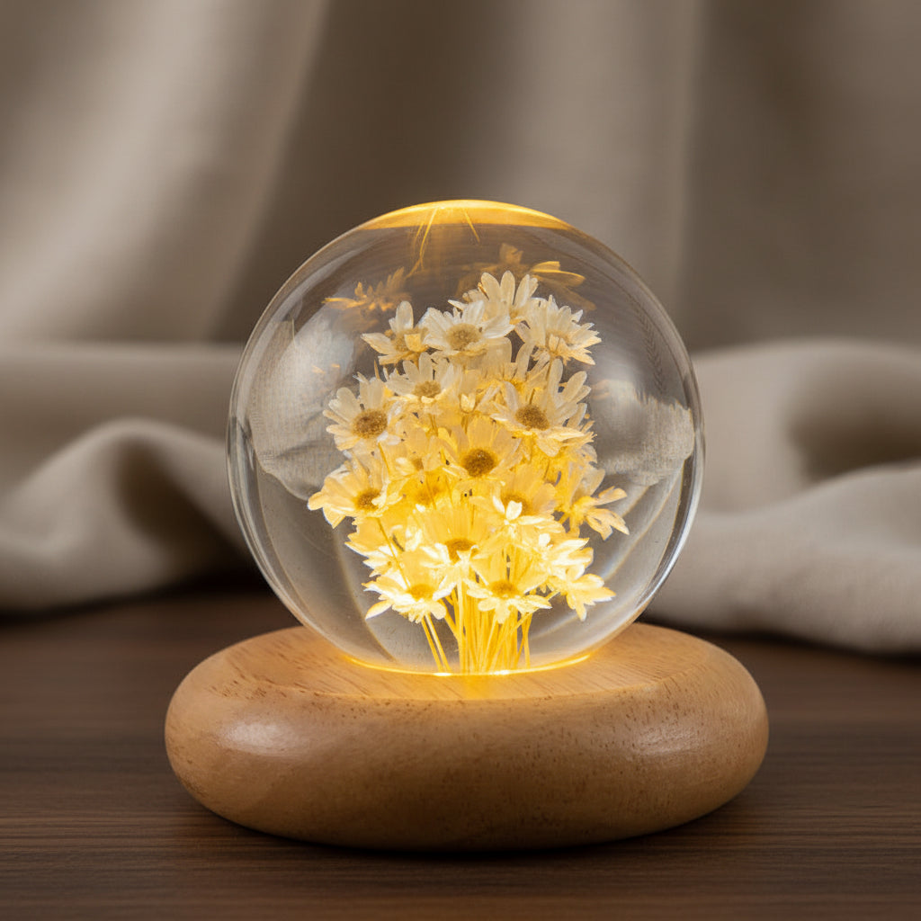Cremegelbe Margeriten in einer 7 cm Kugel aus Kunstharz auf flachem, abgerundetem Holzsockel vor hellem Stoff