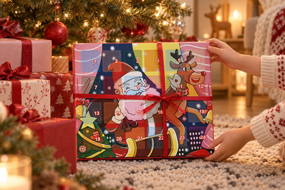 Kinderhände schieben den bunten Charm-Kalender mit rotem Band vor den Christbaum