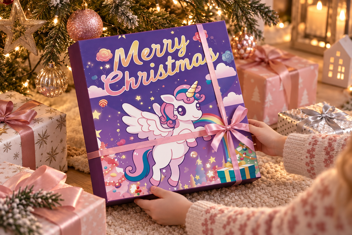 Mädchenhände halten die Einhorn-Box mit rosa Band vor Geschenken in Rosé und Silber