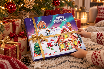 Kinderhände im Norwegerpulli halten die Lebkuchenhaus-Box mit goldenem Band vor Geschenken