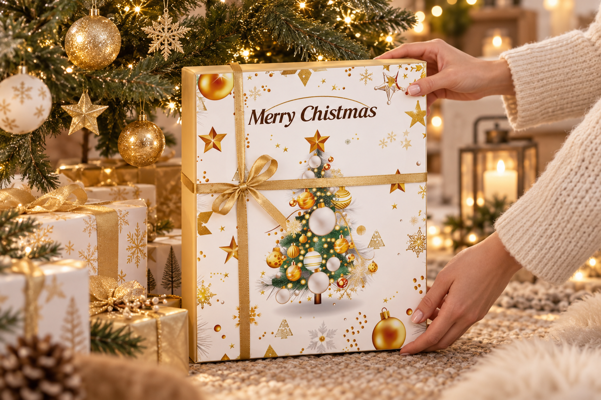 Weiss-goldene Box mit Goldband wird neben goldenen Geschenken und Tannenbaum aufgestellt