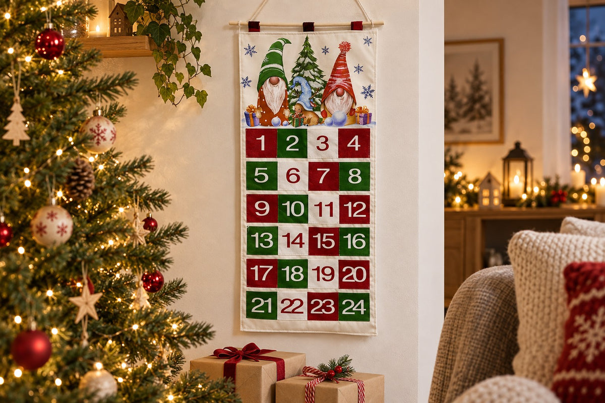 Wichtel-Stoffkalender an heller Wand neben geschmückter Tanne, davor Päckchen und ein Sessel mit Strickdecke