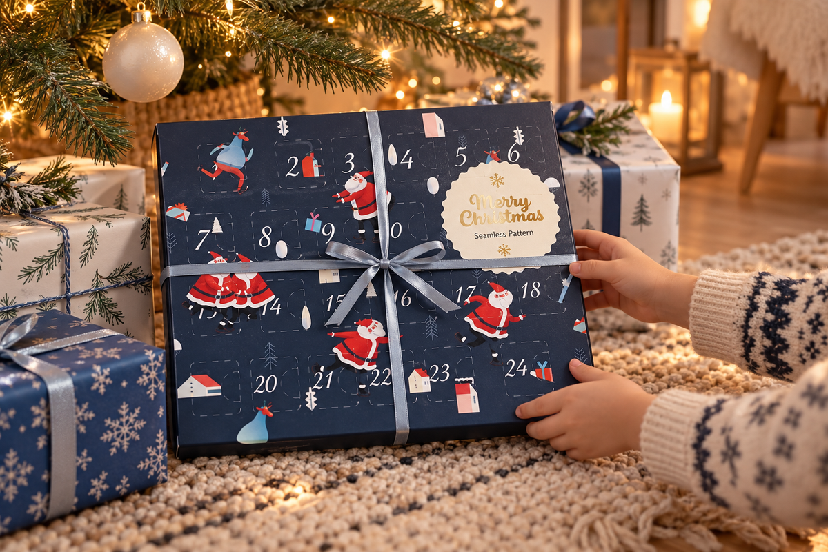 Kinderhände in Strickpulli halten die nachtblaue Box mit silbernem Band vor verpackten Geschenken