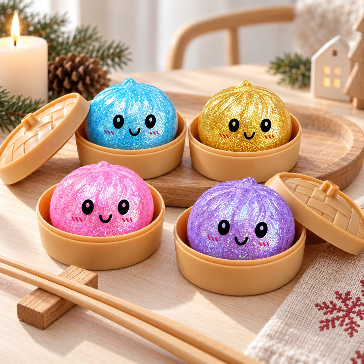 Glitzer Dumpling Squishies in Dampfkörbchen auf dem Holztisch