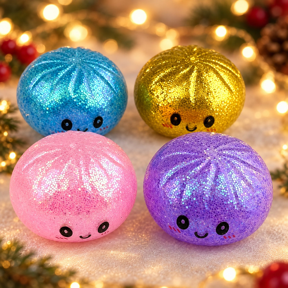 Nahaufnahme Glitzer Dumpling Squishies in Blau, Gold, Rosa und Lila