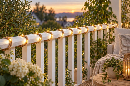 Solar Lichterkette auf Hanfseil am weissen Balkongeländer mit warmweissen LEDs