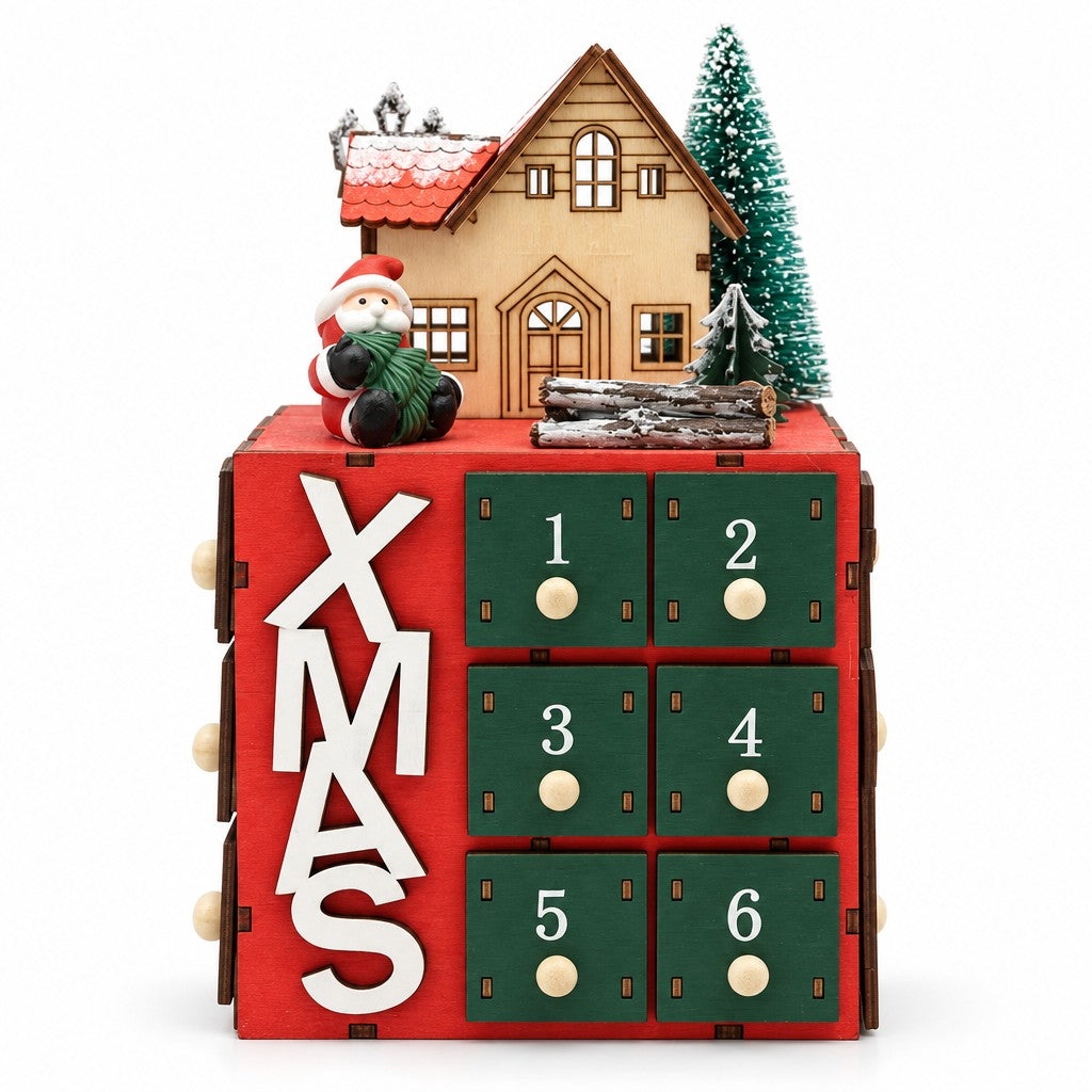 Adventskalender Würfel aus Holz: rote Box mit XMAS-Schriftzug, grünen Schubladen 1 bis 6 und Häuschen obenauf