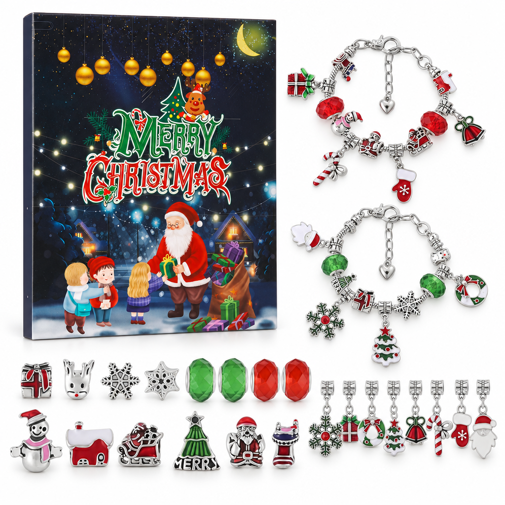 Armband Adventskalender mit Weihnachtsmann und drei Kindern, davor zwei Armbänder und 22 Perlen und Charms