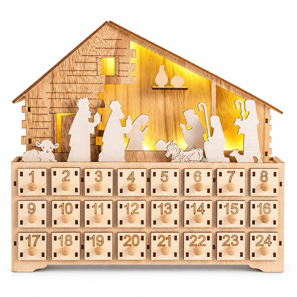 Adventskalender Krippe mit LED: Holzstall mit weissen Figuren vor warm leuchtender Rückwand, darunter 24 Schubladen