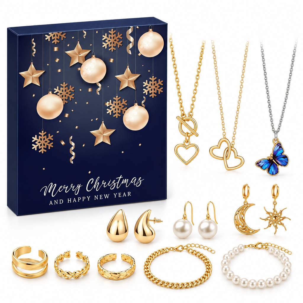 Adventskalender Frauen Schmuck: nachtblaue Box mit Sternen und Perlkugeln, daneben Herzketten, Tropfen-Stecker, Ringe und Perlenarmband