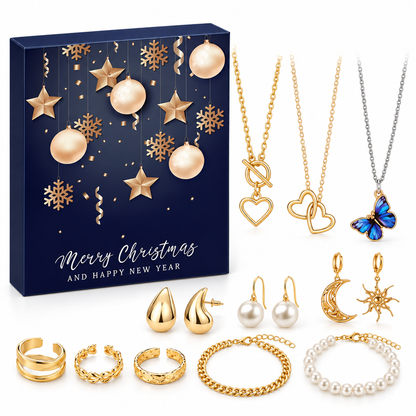 Adventskalender Frauen Schmuck: nachtblaue Box mit Sternen und Perlkugeln, daneben Herzketten, Tropfen-Stecker, Ringe und Perlenarmband