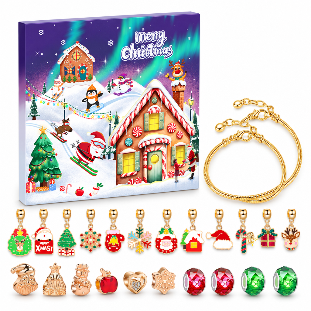 Adventskalender Lebkuchenhaus mit Nordlicht, daneben zwei goldfarbene Armbänder, zwölf Emaille-Charms und zehn Perlen