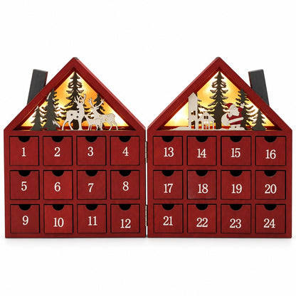 Beleuchteter Adventskalender: zwei rote Holzhäuser mit leuchtenden Giebeln und 24 Schubladen mit weissen Zahlen
