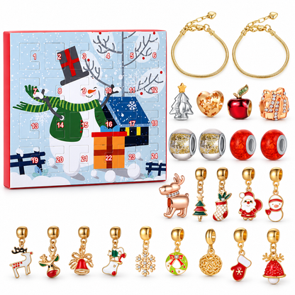 Adventskalender Schneemann mit Zylinder und blauem Häuschen, daneben zwei goldfarbene Armbänder und alle Anhänger