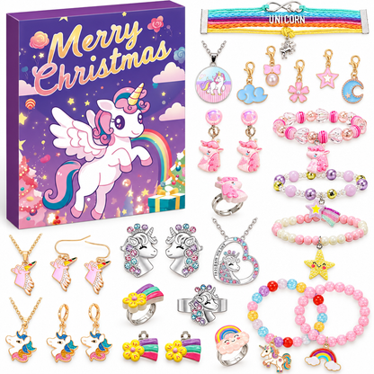 Einhorn Adventskalender in Lila mit geflügeltem Einhorn, daneben Armbänder, Ketten, Ohrringe und Ringe