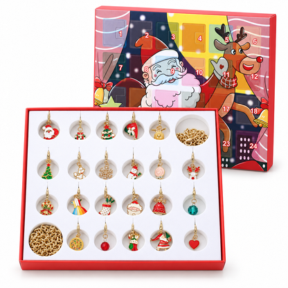 Charm Adventskalender mit Weihnachtsmann und Rentier, davor der weisse Einsatz mit 22 Charms und zwei Goldketten