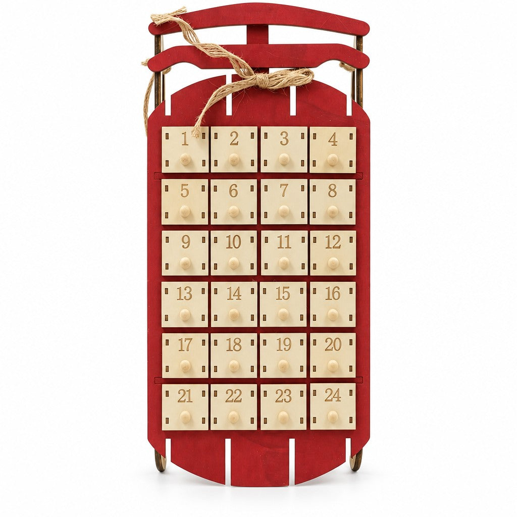 Adventskalender Schlitten aus rotem Holz mit Jute-Schleife am Griff und 24 hellen Schubladen
