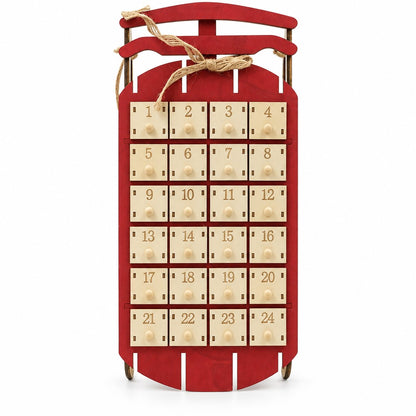 Adventskalender Schlitten aus rotem Holz mit Jute-Schleife am Griff und 24 hellen Schubladen