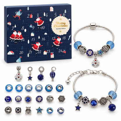 Adventskalender Perlen: nachtblaue Box mit Schlittschuh laufenden Weihnachtsmännern, davor zwei Armbänder und 22 blaue und silberne Perlen