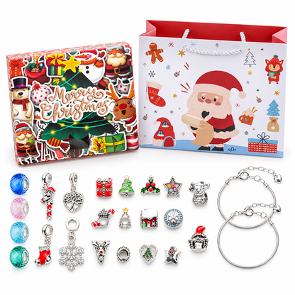 Armband Adventskalender Kinder mit Sticker-Box und Geschenktasche, davor zwei Armbänder und alle Charms