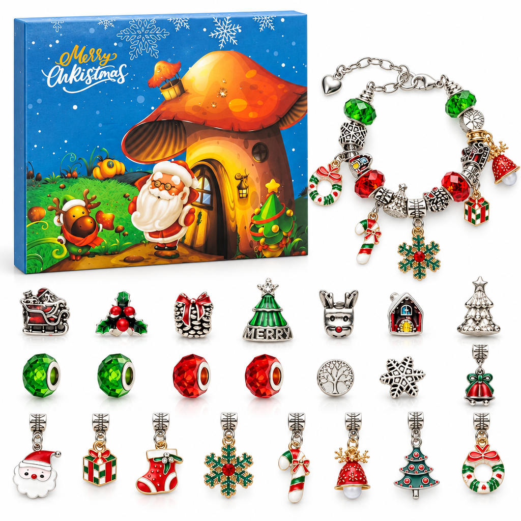 Adventskalender Armband Charms mit Pilzhaus-Box, Weihnachtsmann, einem Armband und 22 Charms – Variante Santa Claus