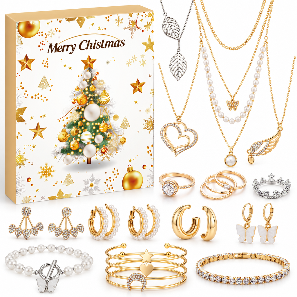 Adventskalender Ringe: weiss-goldene Box mit Weihnachtsbaum, daneben Kristallring, Kronenring, Stapelringe, Halsketten und Armreifen