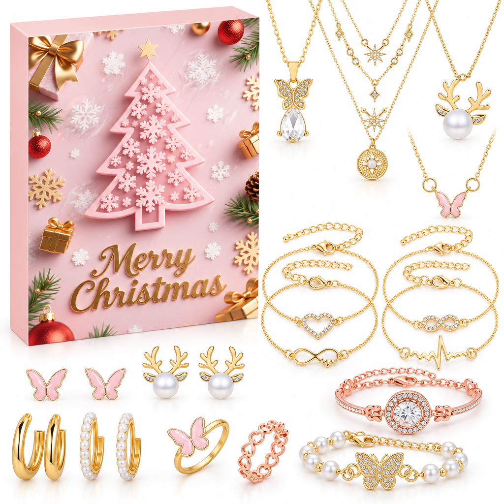 Variante Rosa: pastellfarbene Box mit Schneeflocken-Tanne, rechts Geweih-Kette, Herz-Armbänder und roségoldenes Strass-Armband