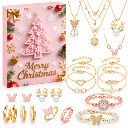 Variante Rosa: pastellfarbene Box mit Schneeflocken-Tanne, rechts Geweih-Kette, Herz-Armbänder und roségoldenes Strass-Armband