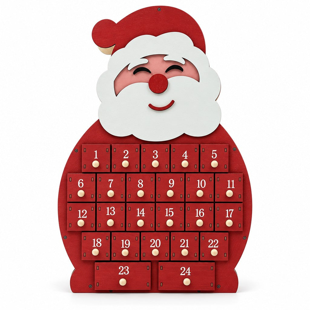 Adventskalender Weihnachtsmann aus Holz: rote Figur mit weissem Bart, rosa Wangen und 24 roten Schubladen