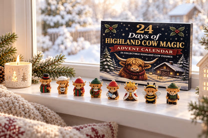 Highland-Kuh-Figuren in Kostümen nebeneinander auf der Fensterbank, dahinter die Kalenderbox und ein verschneiter Garten