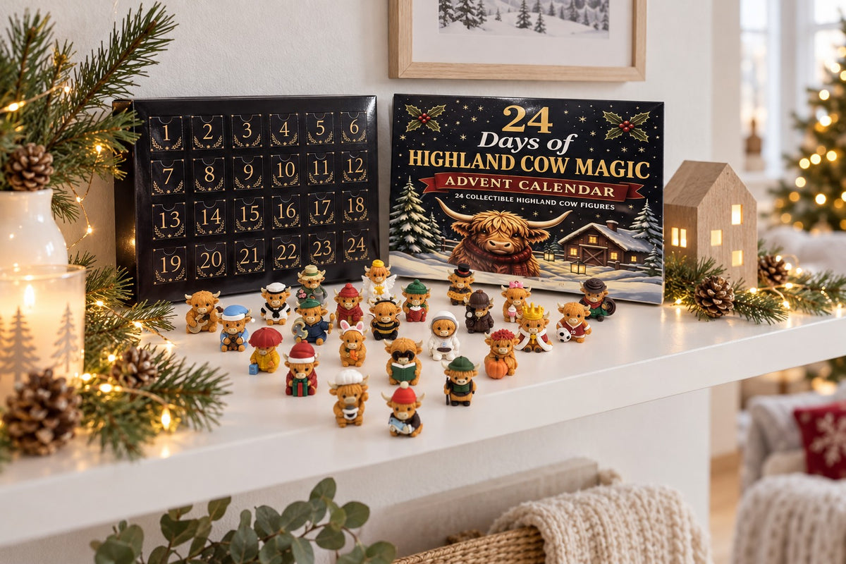 Highland-Kuh-Figuren als Weihnachtsdeko auf einem Wandregal mit Lichterkette und Tannenzweigen, daneben die Kalenderbox