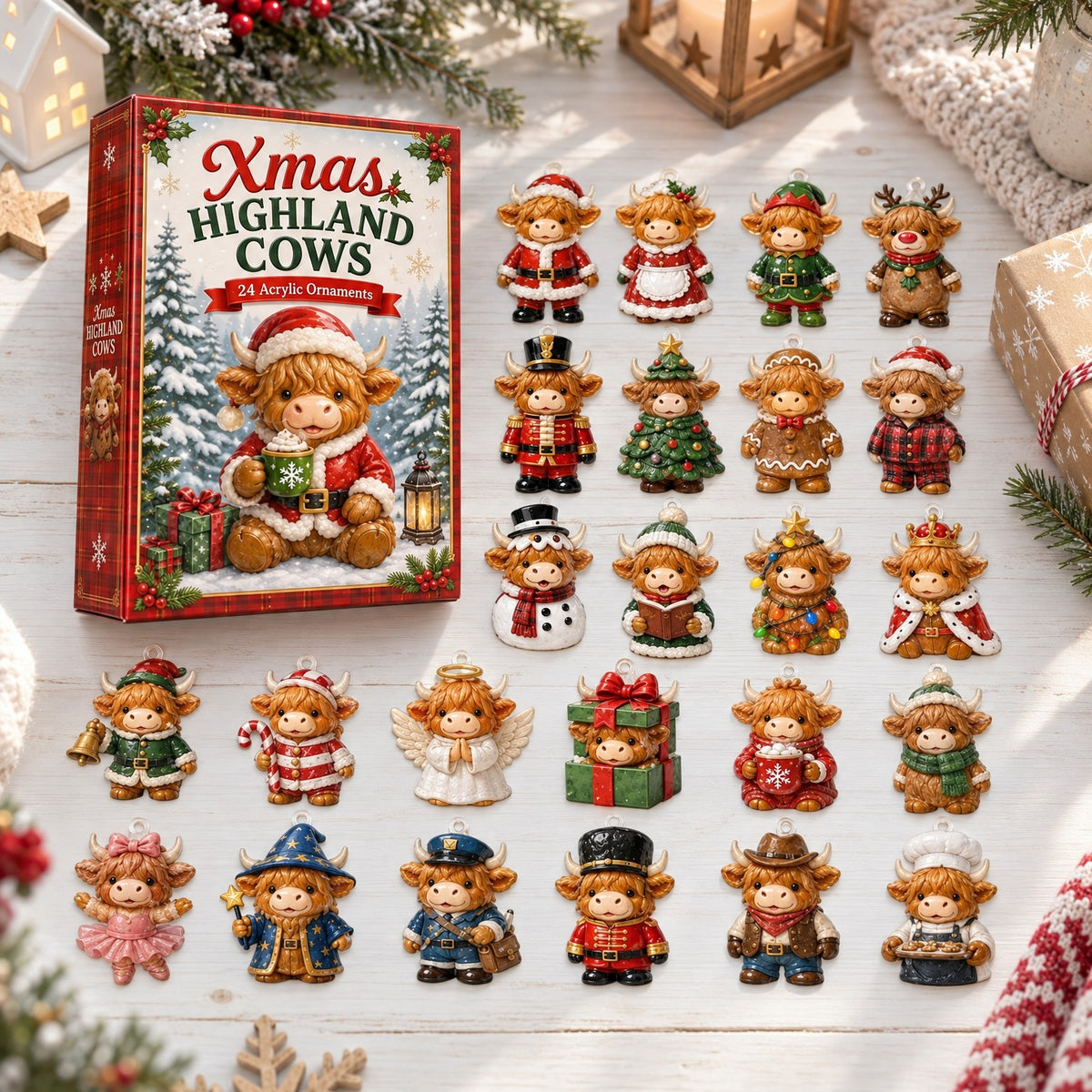 Inhalt Highland Kuh Adventskalender: 24 Kuh-Anhänger in Weihnachtskostümen