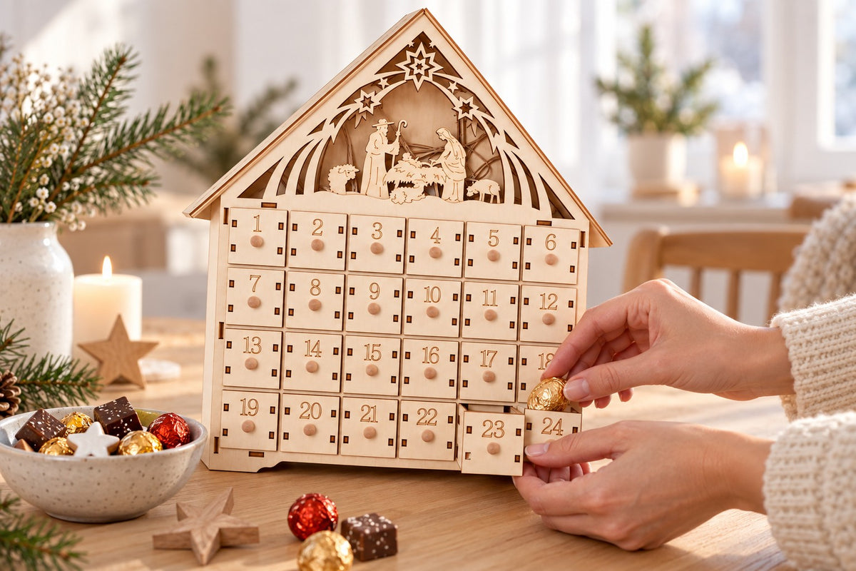 Hände legen eine Praline in eine geöffnete Schublade des Krippen-Adventskalenders aus Holz