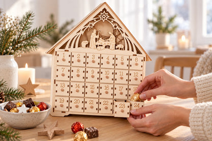 Hände legen eine Praline in eine geöffnete Schublade des Krippen-Adventskalenders aus Holz