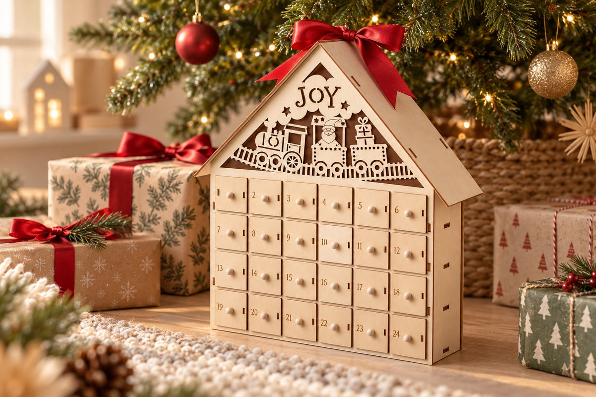 Weihnachtshaus mit Zug und JOY-Schriftzug im Giebel, oben eine rote Masche, zwischen Päckchen mit Tannenmuster