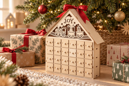 Weihnachtshaus mit Zug und JOY-Schriftzug im Giebel, oben eine rote Masche, zwischen Päckchen mit Tannenmuster