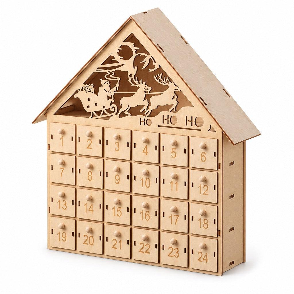 Adventskalender Haus mit LED, Motiv HoHoHo: helles Holzhaus mit Rentierschlitten im Giebel und 24 Mini-Schubladen