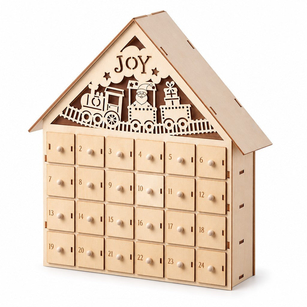 Holz Adventskalender mit LED, Motiv Weihnachtszug: Weihnachtshaus mit 24 Mini-Schubladen und Zug mit JOY im Giebel