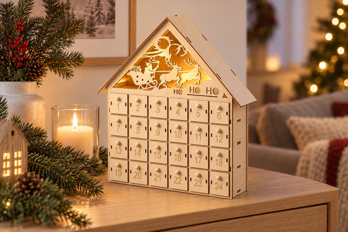 Holz-Adventskalender Weihnachtshaus HoHoHo mit leuchtendem Giebel auf einem Sideboard am Abend